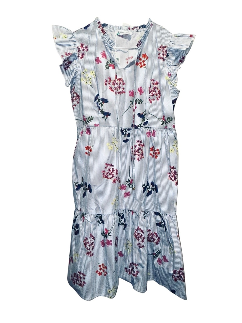 Striped Blue Floral Midi Dress with Flutter Sleeves